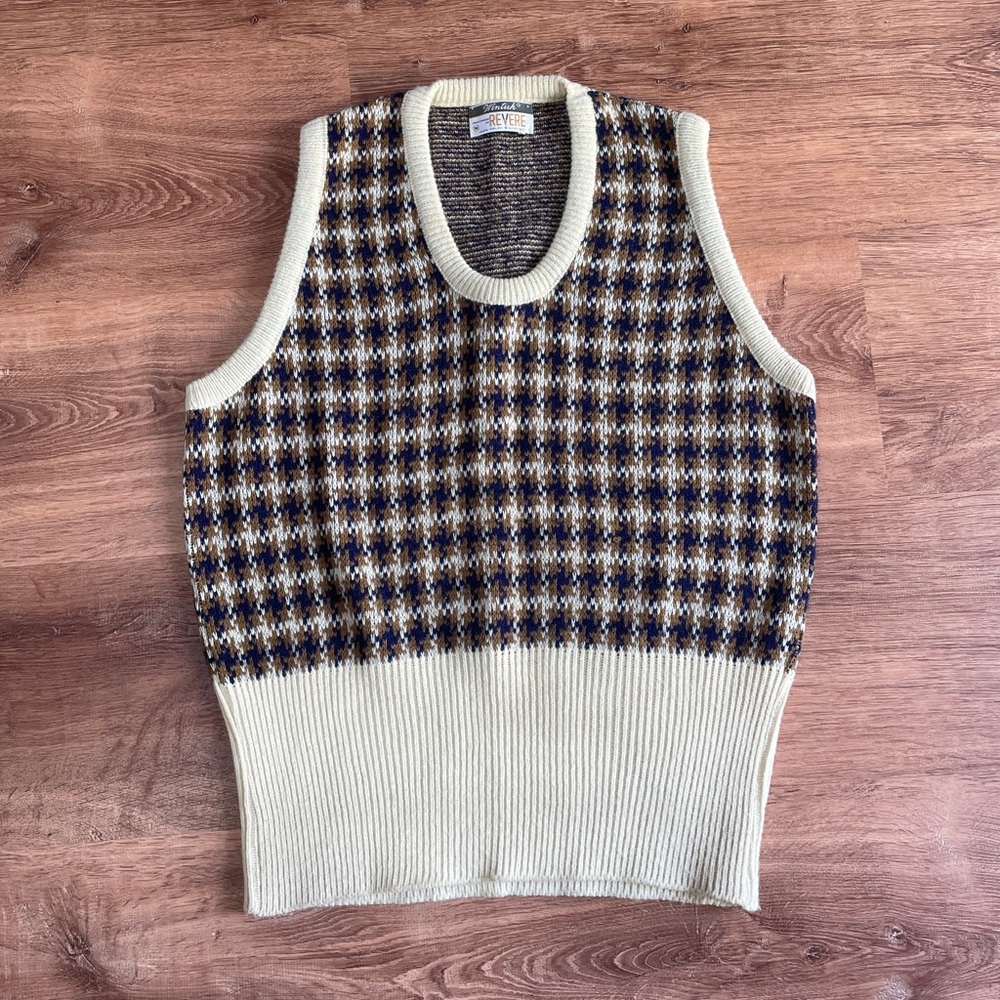 VTG WINTUK Mens Sweater Vest Medium Pullover Houndstooth Preppy Academia Grandpa